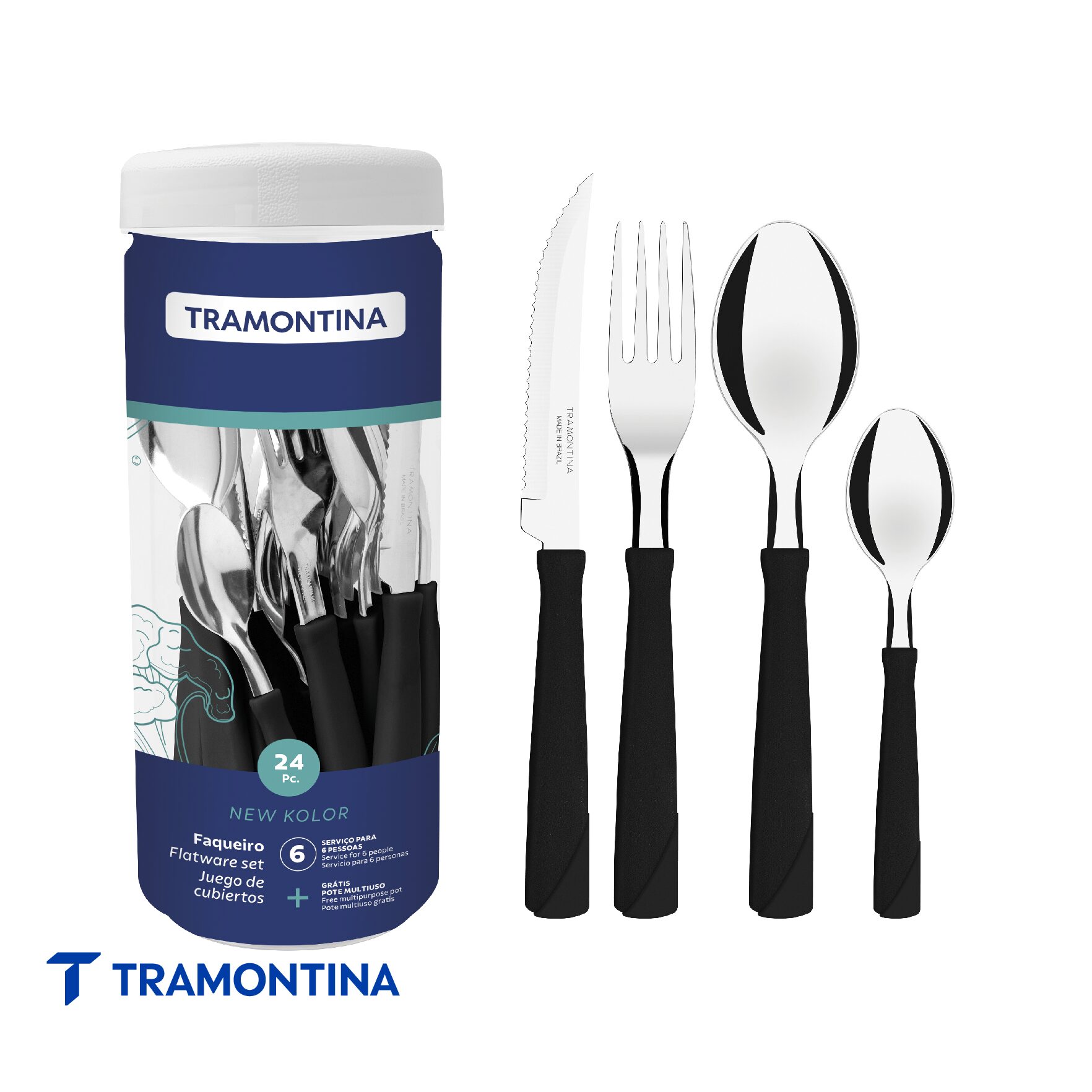Juego de Cubiertos New Kolor Pote Negro 24 Piezas - Tramontina - Imagen 3
