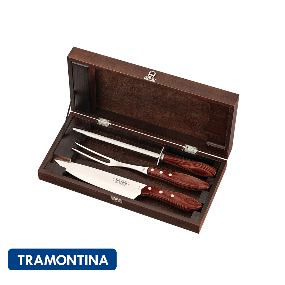 Juego para asado 3 pzs. (cuchilla,tenedor y chaira) en caja de madera - Polywood - Tramontina